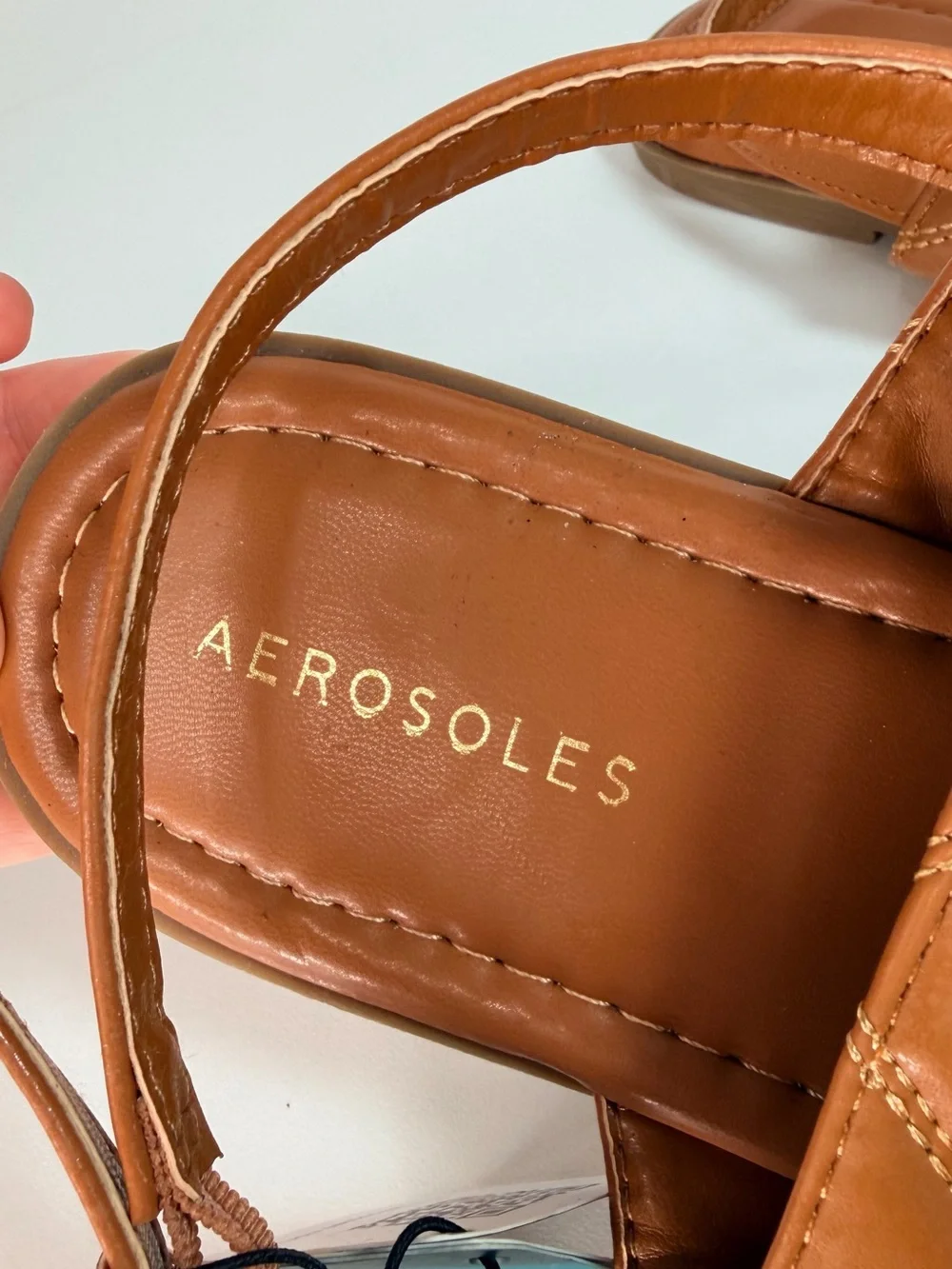 AEROSOLES Cognac/Tan Leather Thong Sandals with Gold Buckle